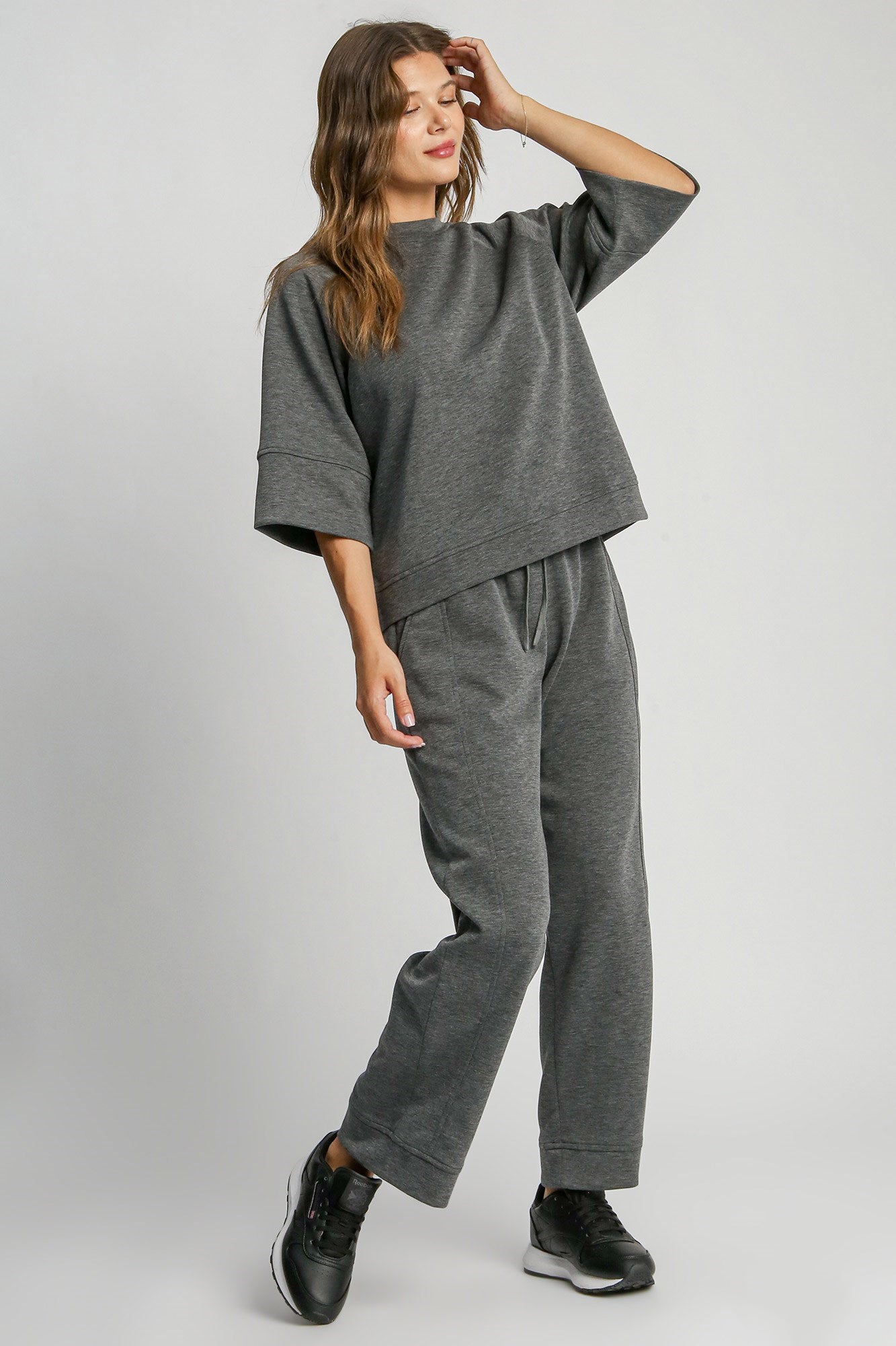 Women's Charcoal Gray Drawstring Wide Leg Sweatpants with Pockets