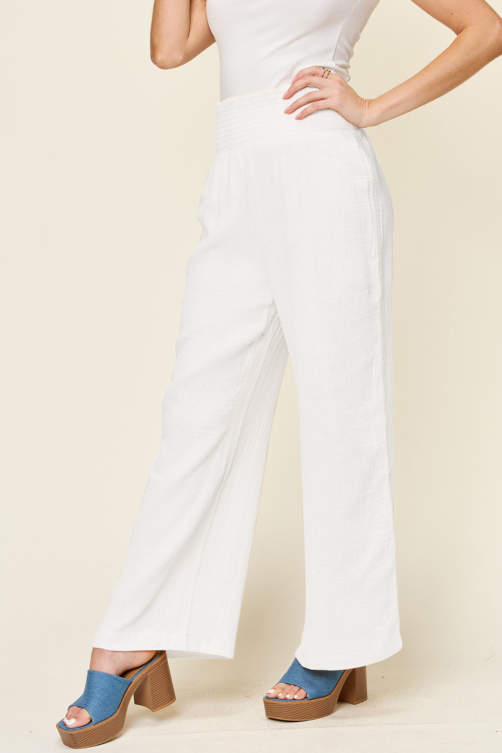 Women's Smocked Cotton High Waist Pants