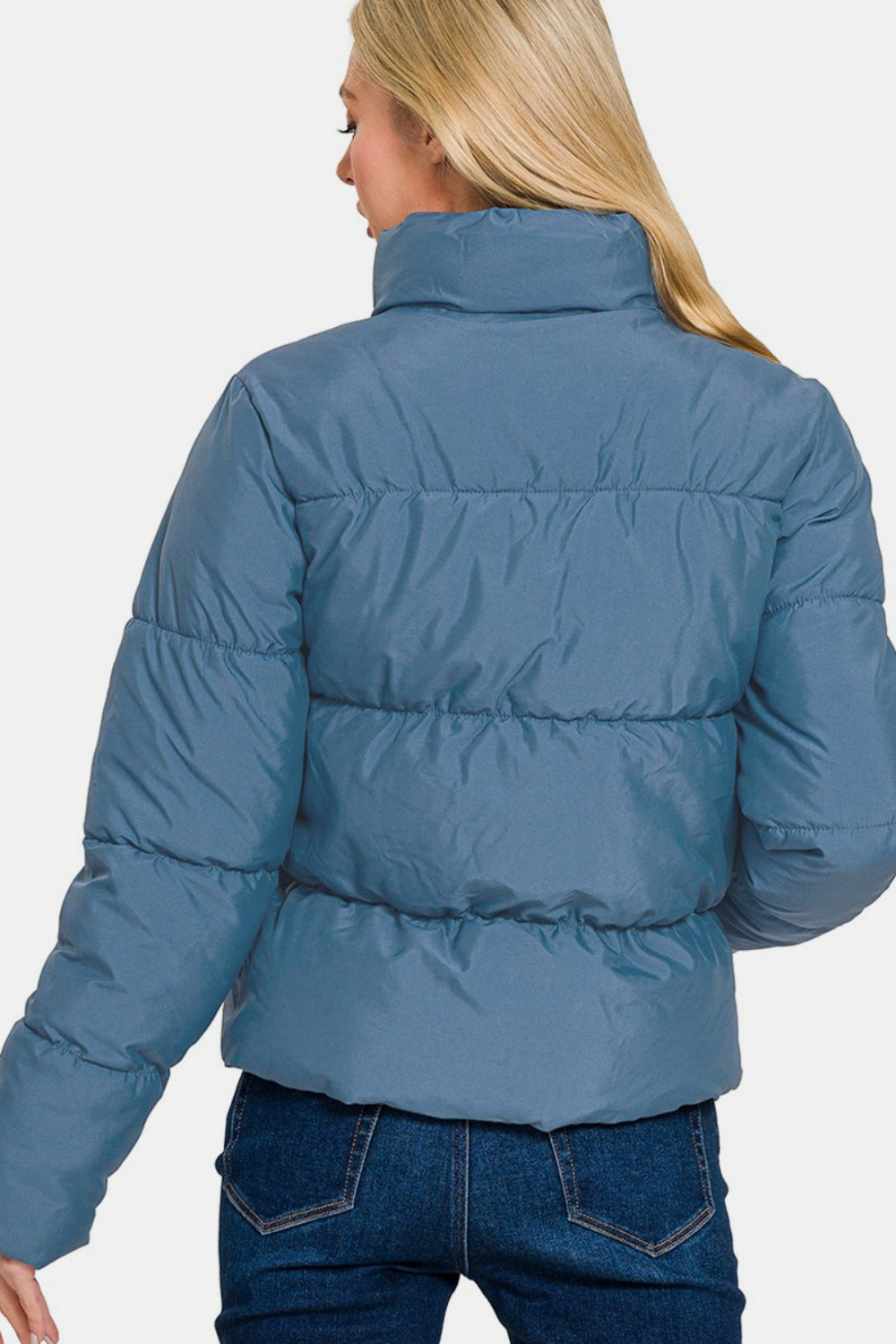 Women's Blue Zip Up Turtleneck Puffer Jacket with Pockets