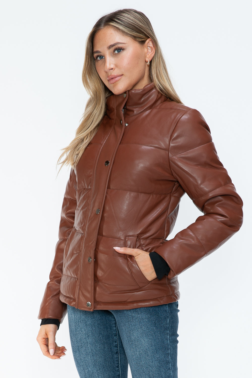 Women's Brown Pocketed Zip Up Turtleneck Puffer Jacket