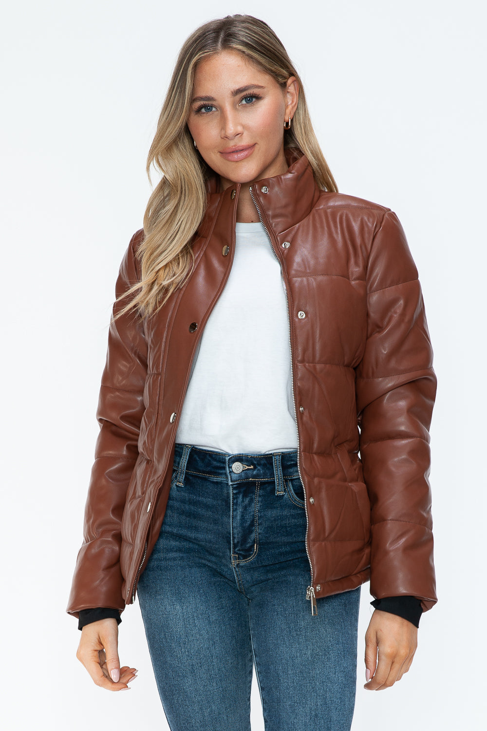 Women's Brown Pocketed Zip Up Turtleneck Puffer Jacket