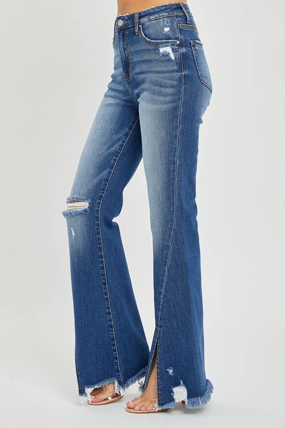 Women's Western High Waist Front Slit Frayed Flare Blue Jeans