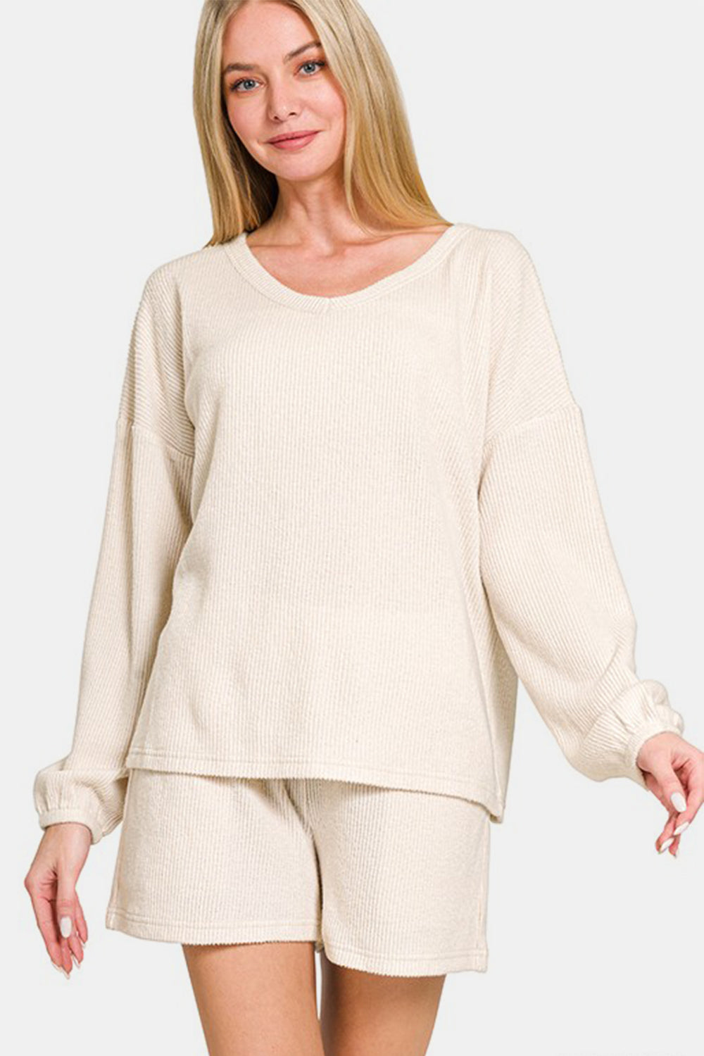 Womens Beige Cream V-Neck Long Sleeve and Shorts Lounge Set