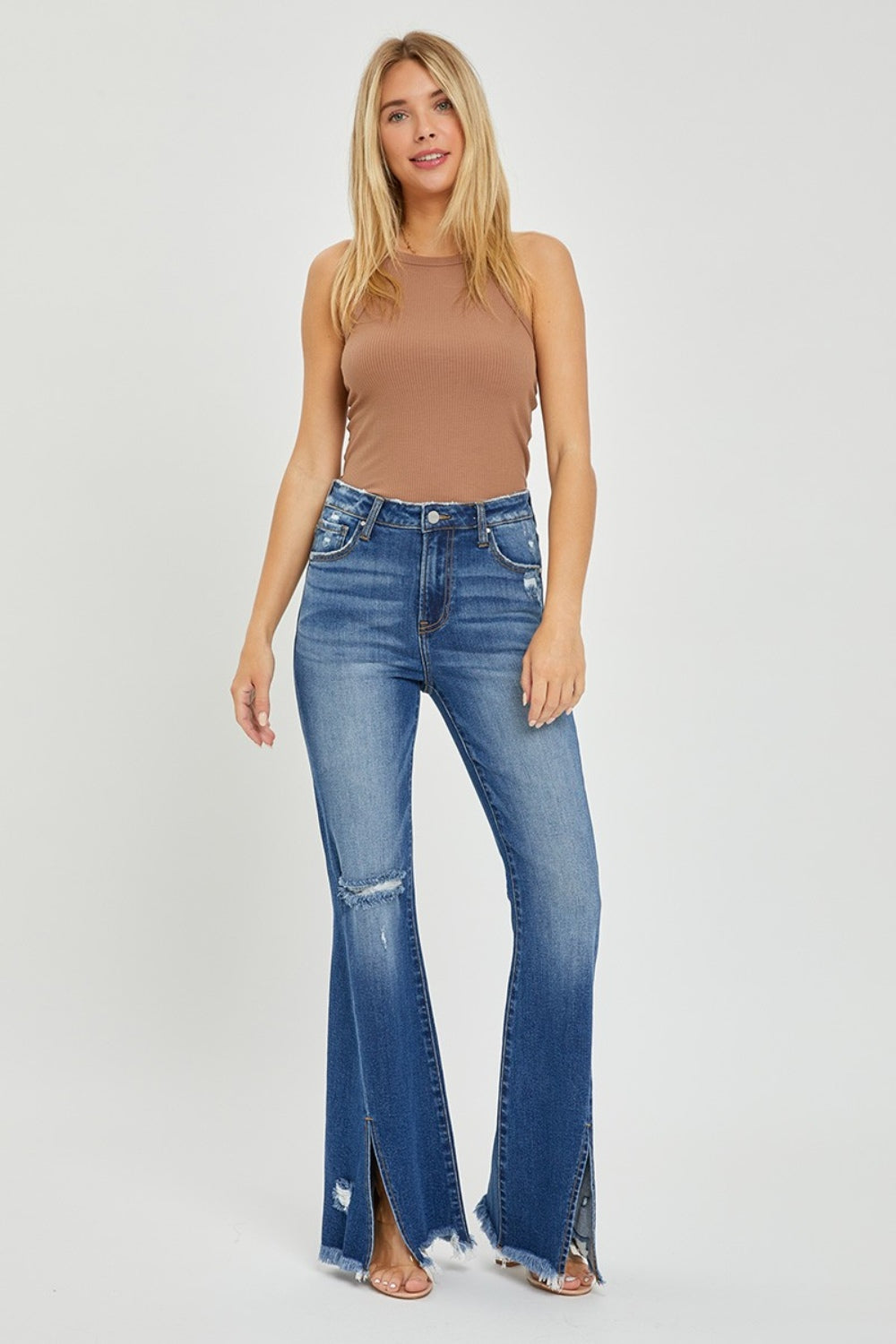 Women's Western High Waist Front Slit Frayed Flare Blue Jeans