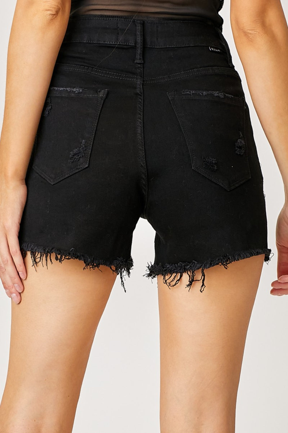 Women's Black Frayed Hem and Rhinestone Pockets Denim Shorts