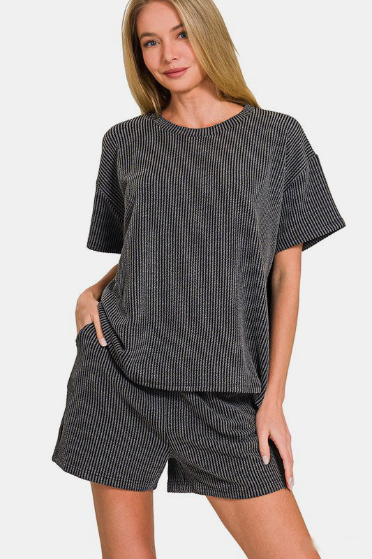 Womens Dark Gray Rib Short Sleeve and Shorts Lounge Set