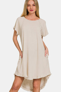 Light Beige Fringe Hem High Low Flowy Dress with Pockets