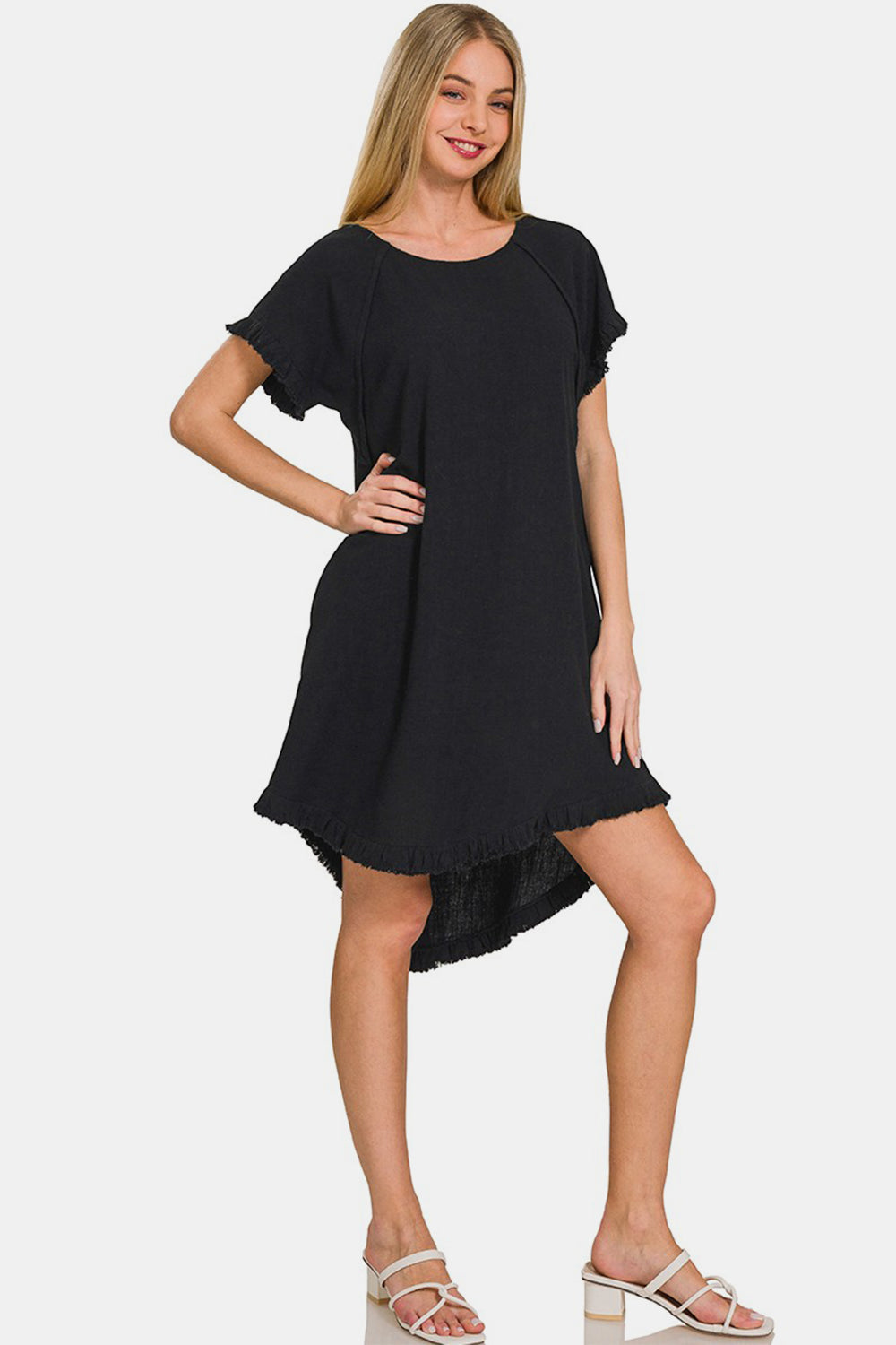 Black Fringe Hem High Low Flowy Dress with Pockets