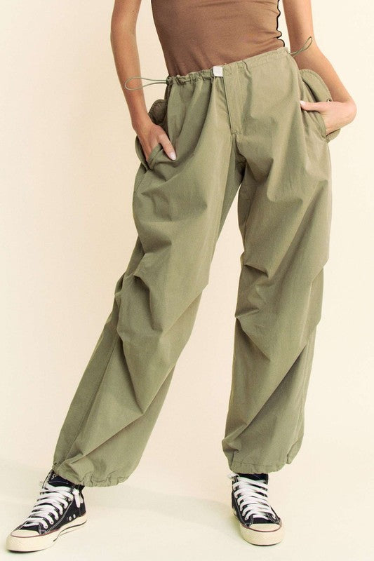 Women's Olive Green Cotton Drawstring Baggy Pants with Pockets