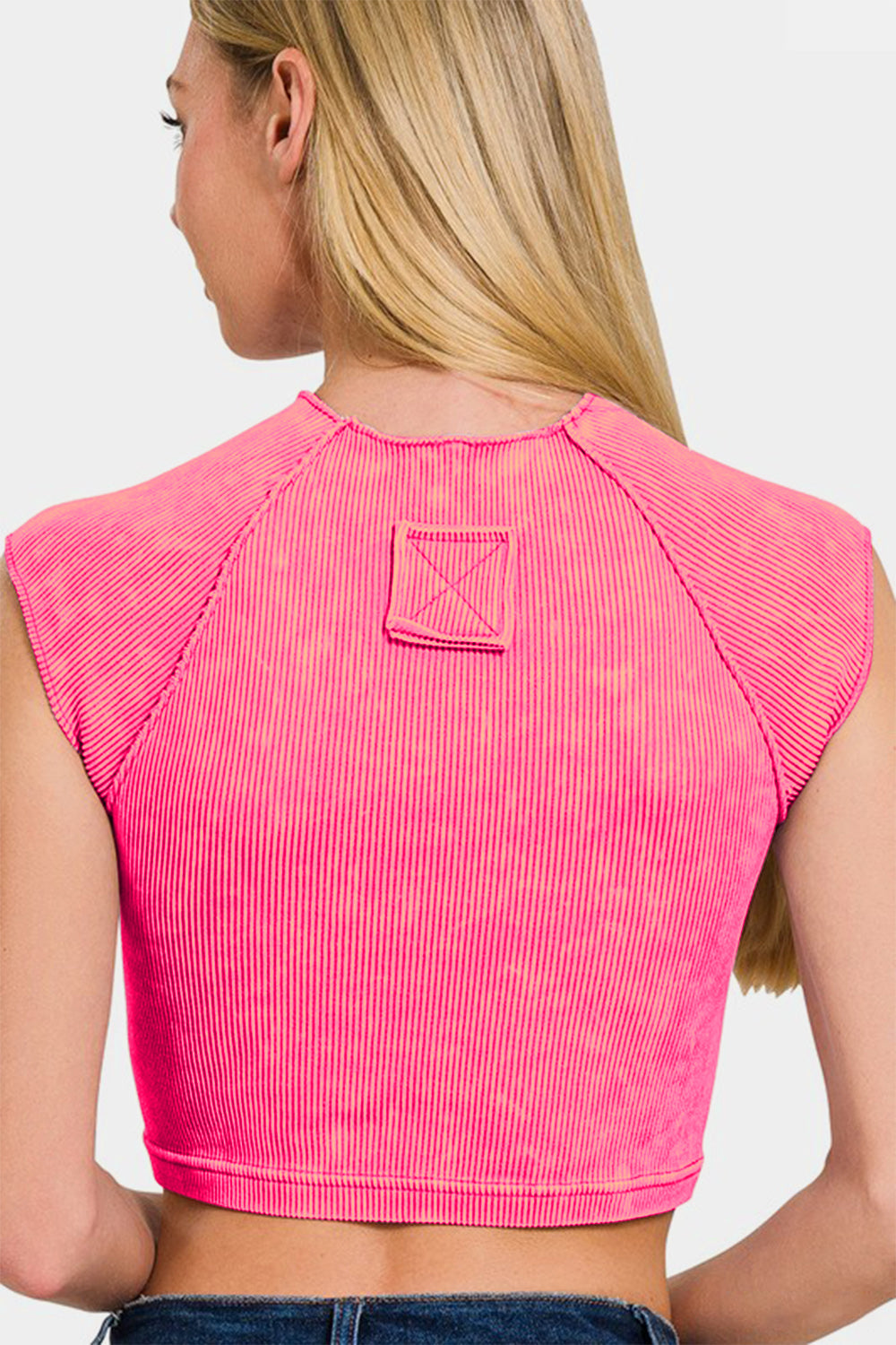 Women's Hibiscus Neon Pink Ribbed Round Neck Short Sleeve Crop Top