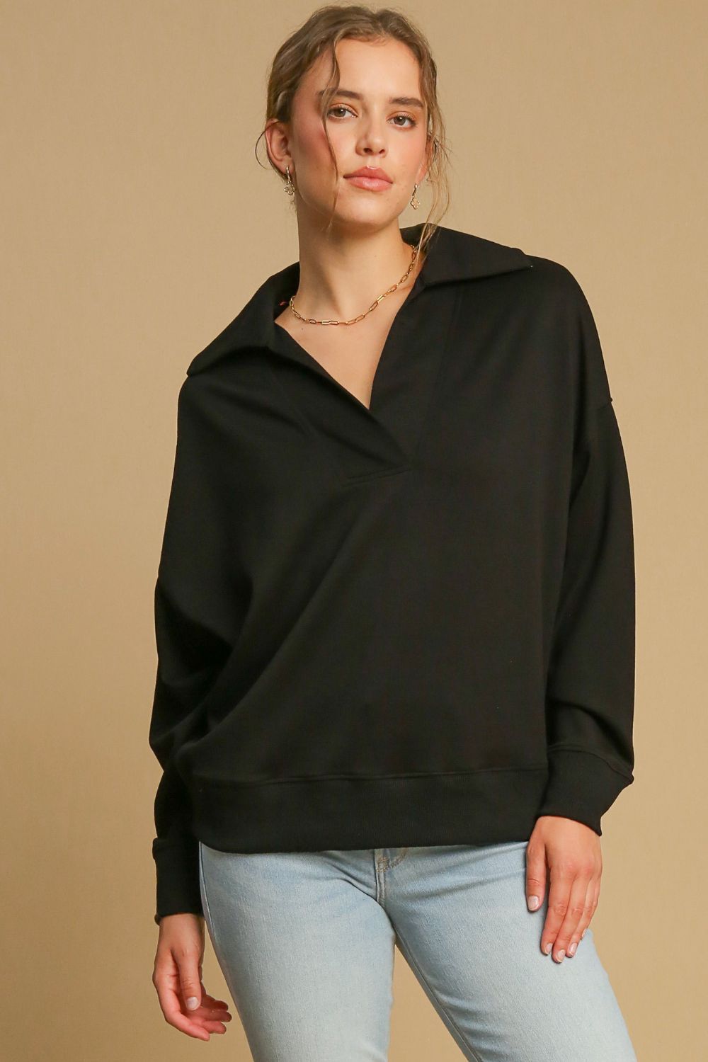 Women's Black Collar Dropped Shoulder Sweatshirt