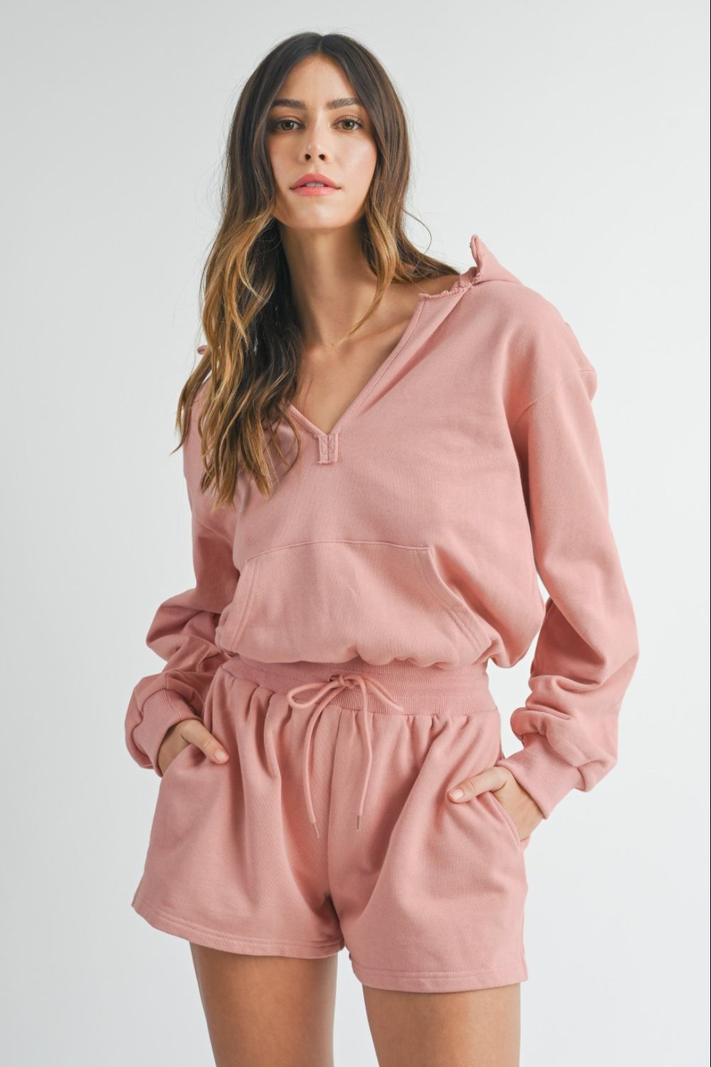 Women's Rose Mauve Hoodie Sweater Romper with Pockets