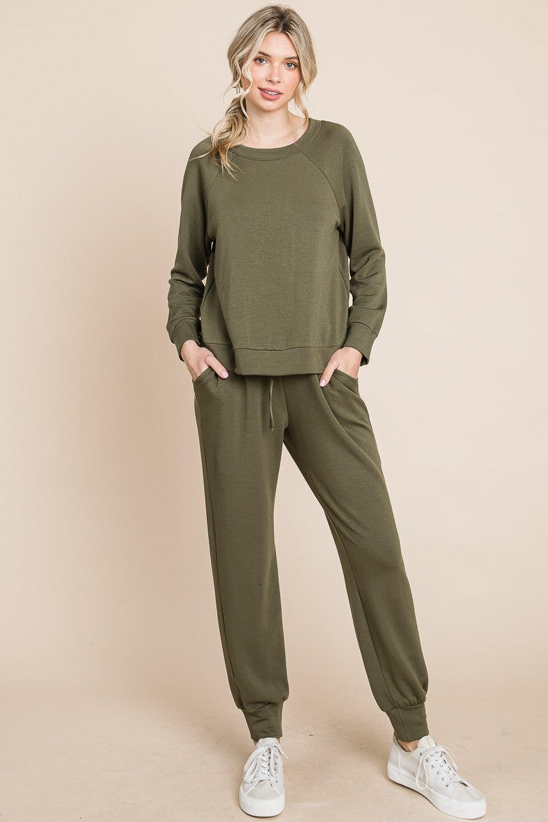 Olive Lady Round Neck Raglan Sleeve Top and Pants Lounge Set