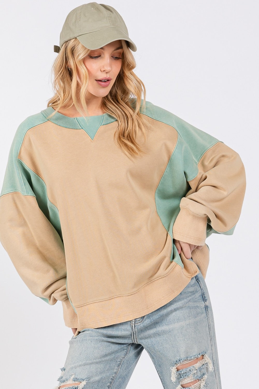 Women's Tan Mint Oversized Two Toned Sweater