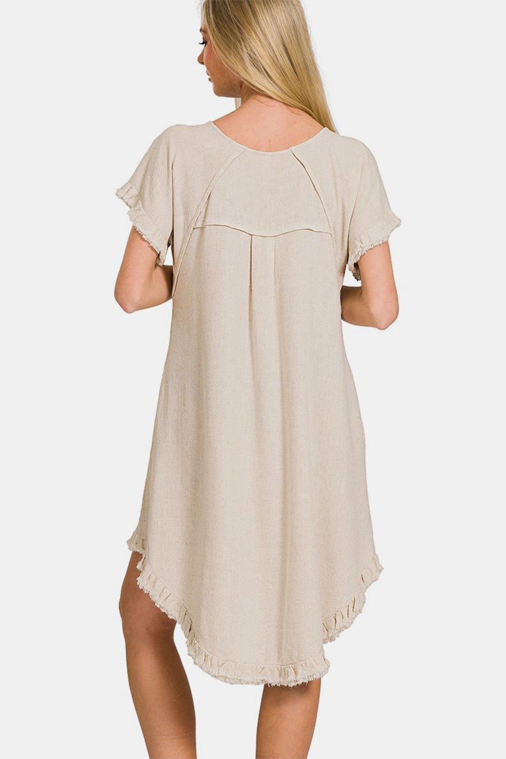 Light Beige Fringe Hem High Low Flowy Dress with Pockets