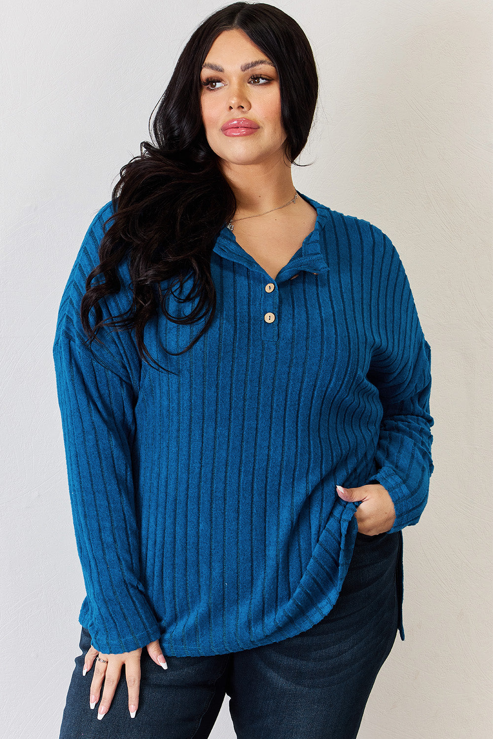 Country Morning Ribbed Button Long Sleeve High-Low T-Shirt