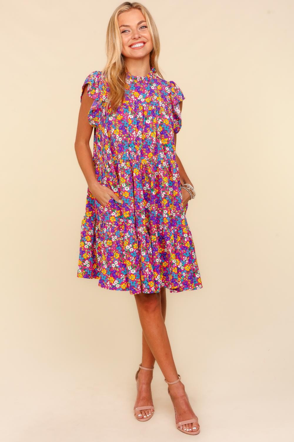 Womens Frilled Mock Neck Summer Floral Dress