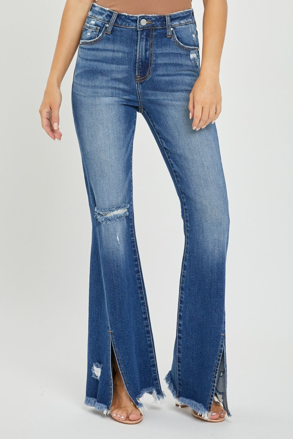 Women's Western High Waist Front Slit Frayed Flare Blue Jeans