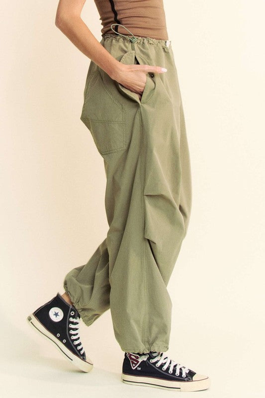 Women's Olive Green Cotton Drawstring Baggy Pants with Pockets