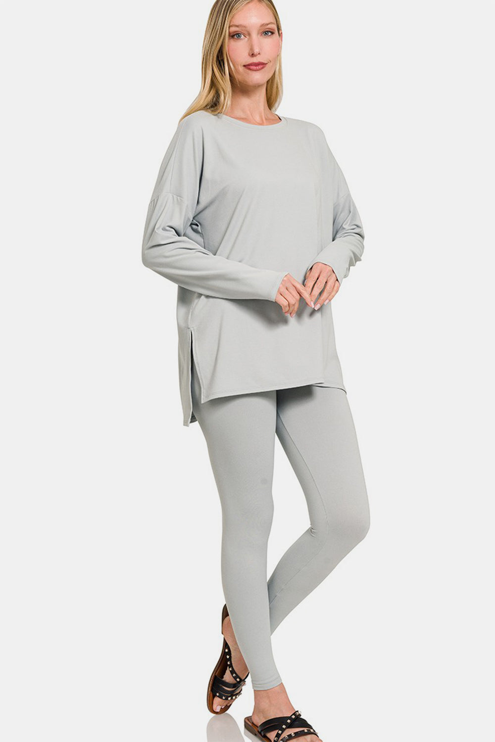 Women's Heather Grey Brushed Microfiber Top and Leggings Lounge Set