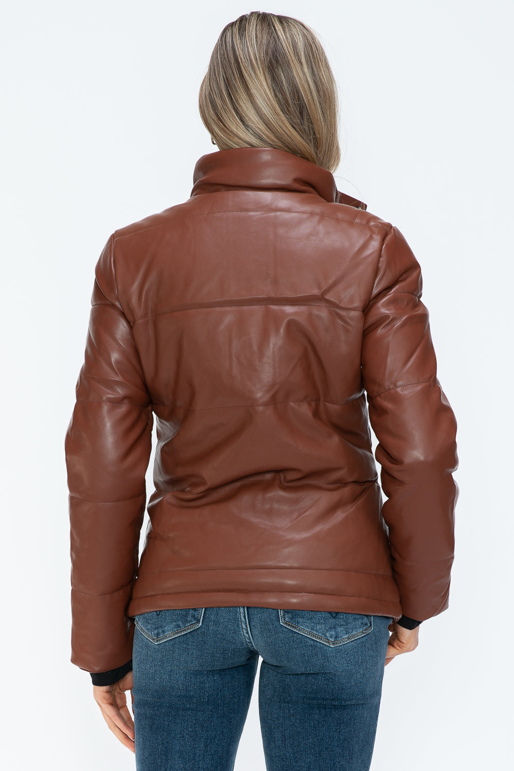 Women's Brown Pocketed Zip Up Turtleneck Puffer Jacket