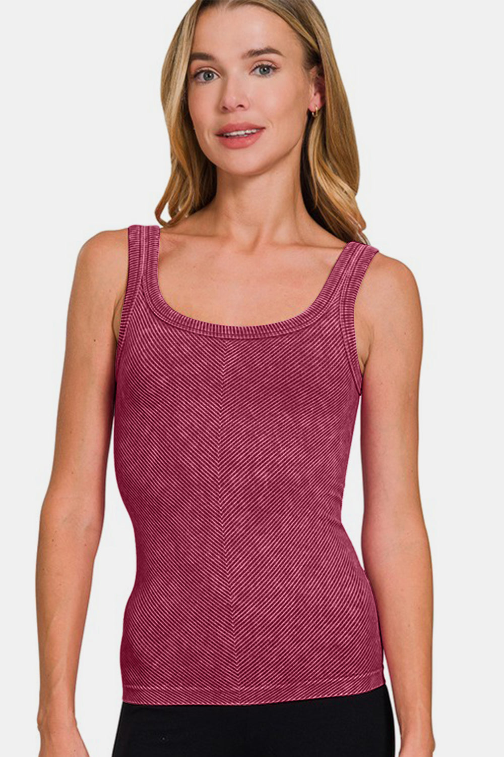 Women's Red Wine Ribbed Chevron Low Scoop Tank Top