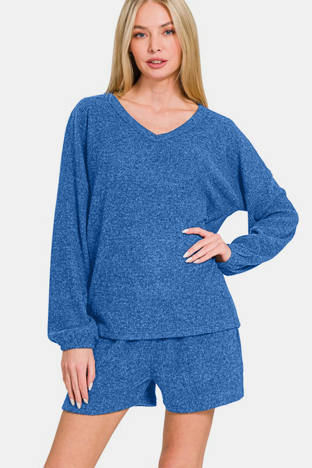 Womens Blue V-Neck Long Sleeve Ribbed Top and Shorts Lounge Set