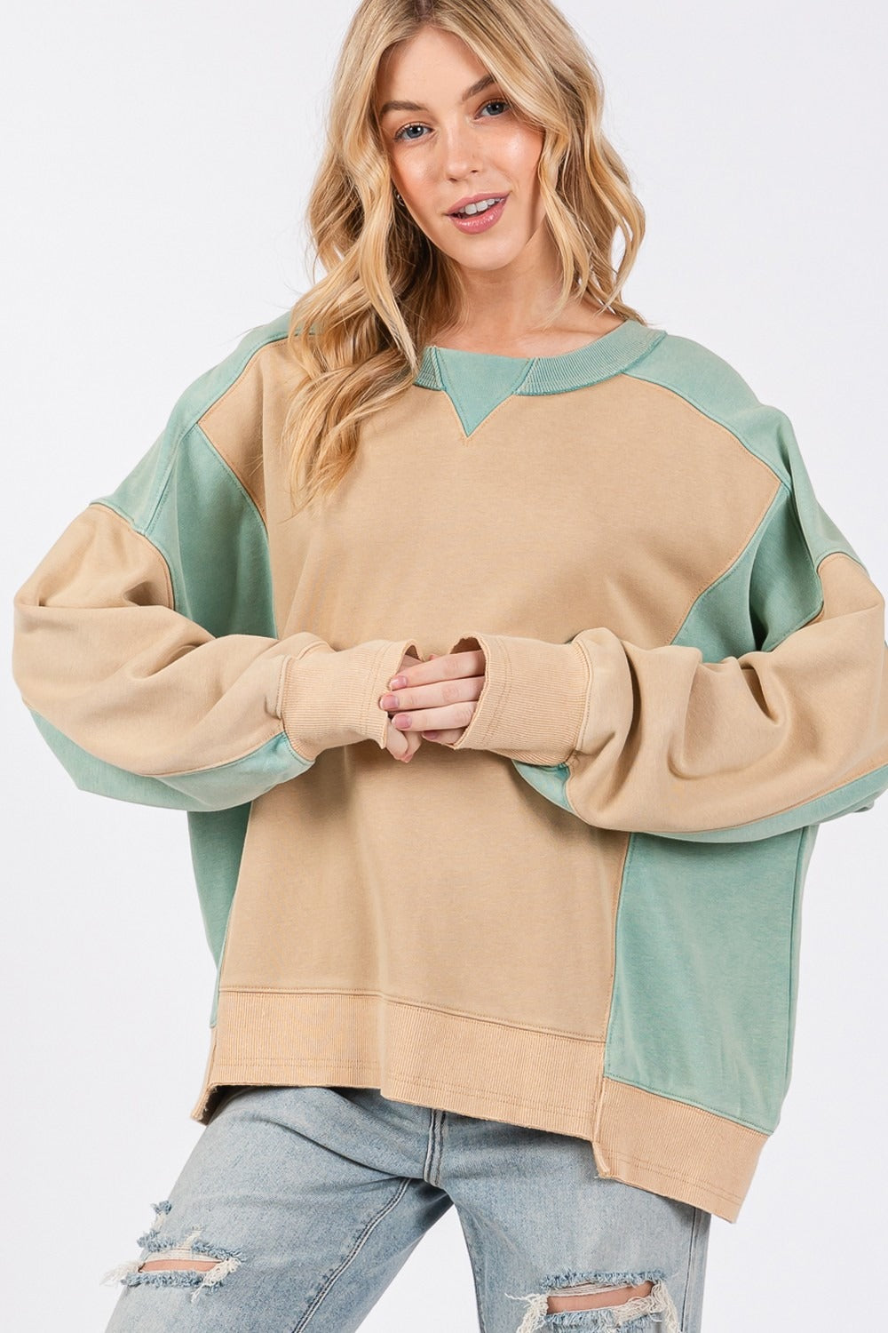 Women's Tan Mint Oversized Two Toned Sweater