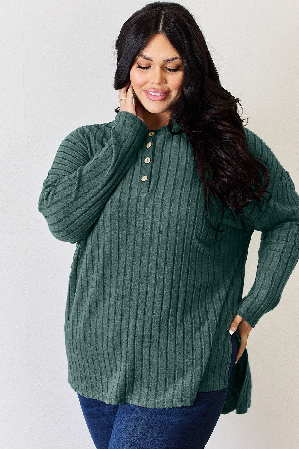 Country Morning Ribbed Button Long Sleeve High-Low T-Shirt