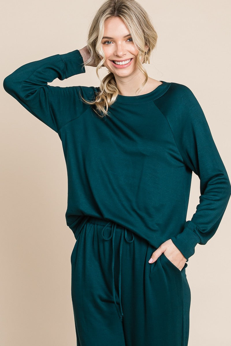 Green Lady Round Neck Raglan Sleeve Top and Drawstring Pants Lounge Set