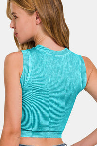 Womens Teal Washed Ribbed Workout Crop Tank with Padding