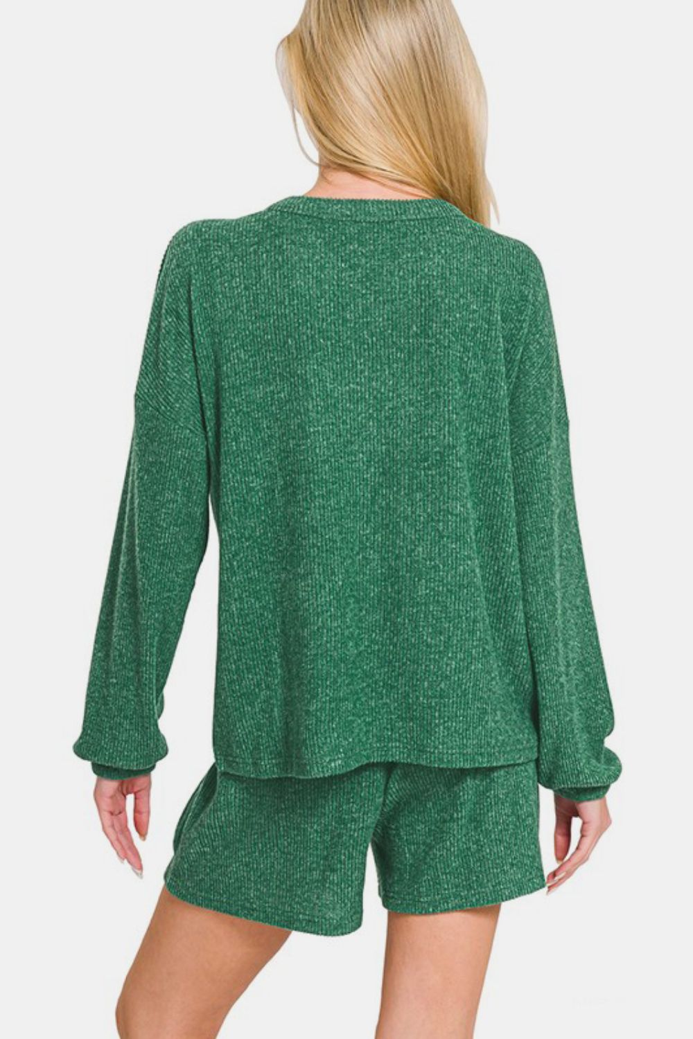 Womens Green V-Neck Long Sleeve Ribbed Top and Shorts Lounge Set