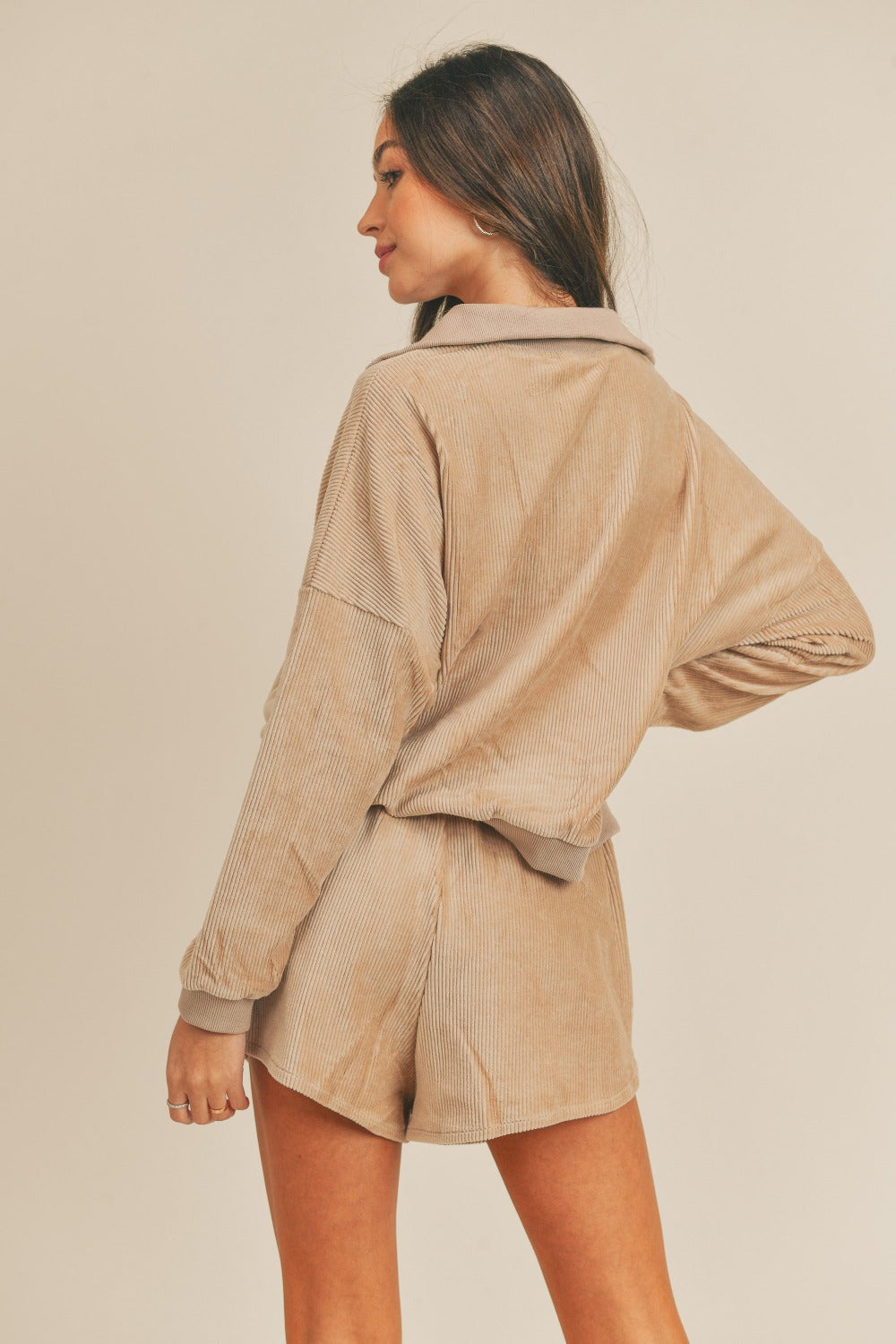 Women's Tan Corduroy Half Zip Top and Shorts Set