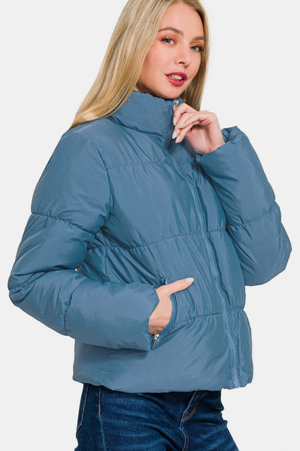 Women's Blue Zip Up Turtleneck Puffer Jacket with Pockets