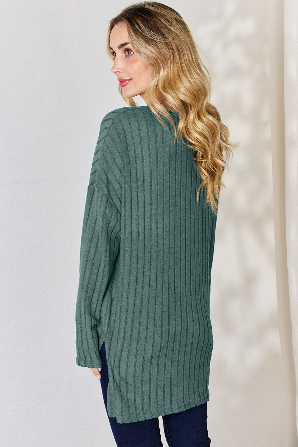 Country Morning Ribbed Button Long Sleeve High-Low T-Shirt