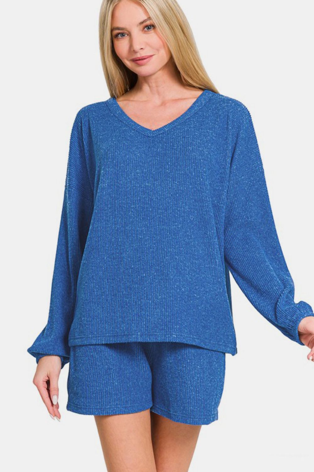 Womens Blue V-Neck Long Sleeve Ribbed Top and Shorts Lounge Set