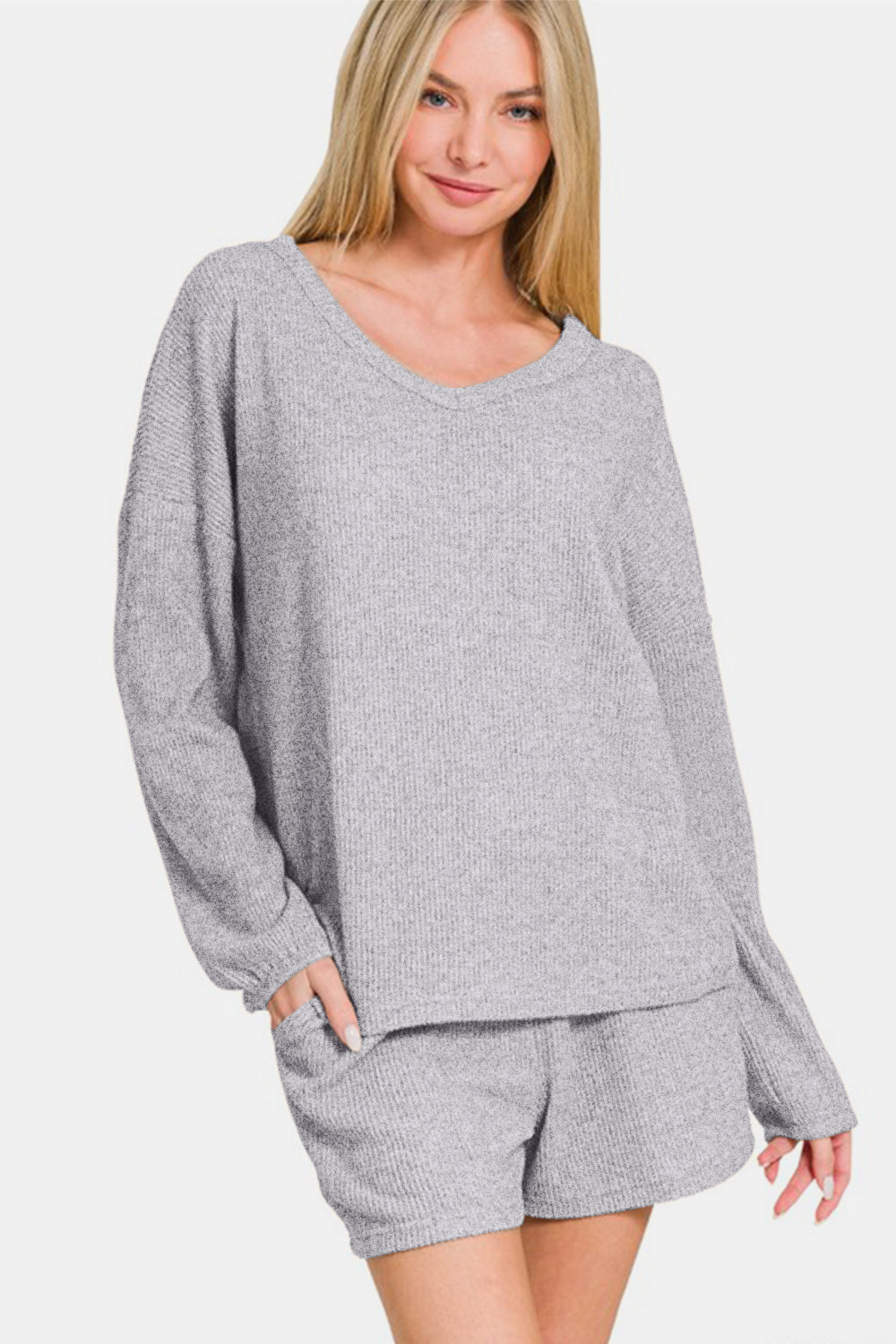 Womens Light Grey V-Neck Long Sleeve Ribbed Top and Shorts Lounge Set