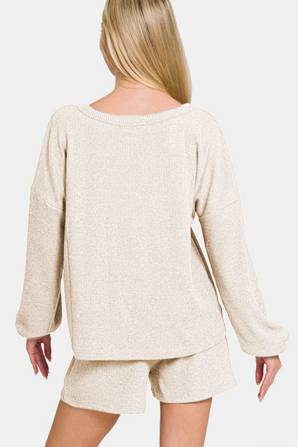 Womens Beige Cream V-Neck Long Sleeve and Shorts Lounge Set