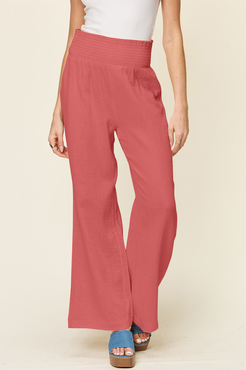 Women's Smocked Cotton High Waist Pants