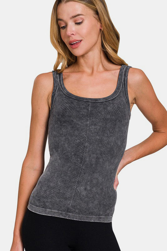 Women's Black Ribbed Chevron Low Scoop Tank Top