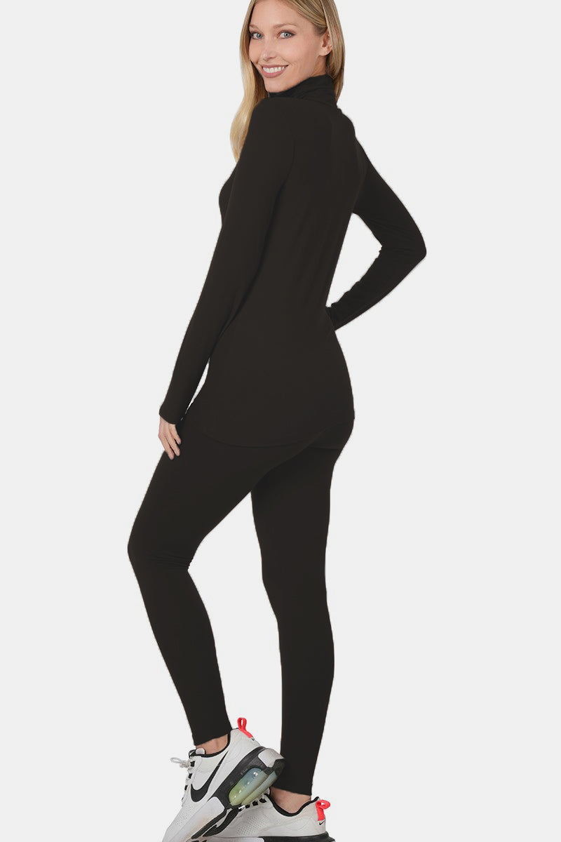 Women's Black Fitted Turtleneck Long Sleeve Top and Leggings Set