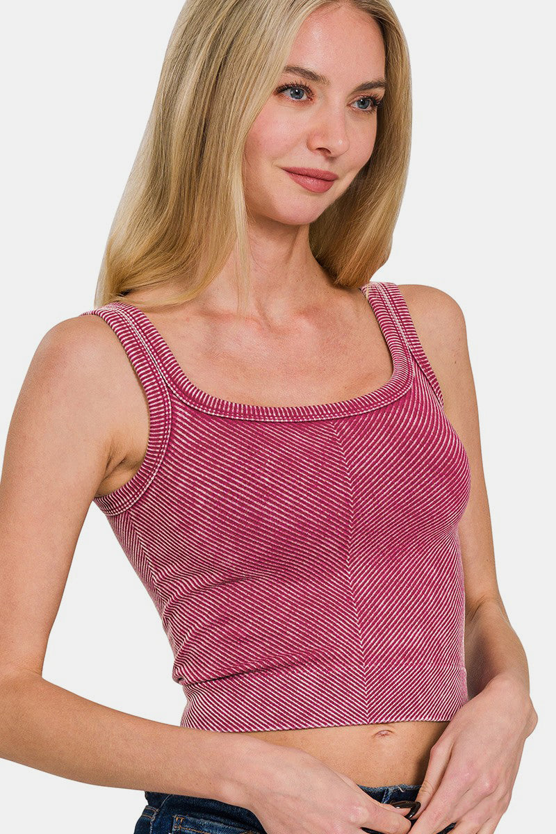 Women's Red Wine Ribbed Chevron Wide Neck Tank Top