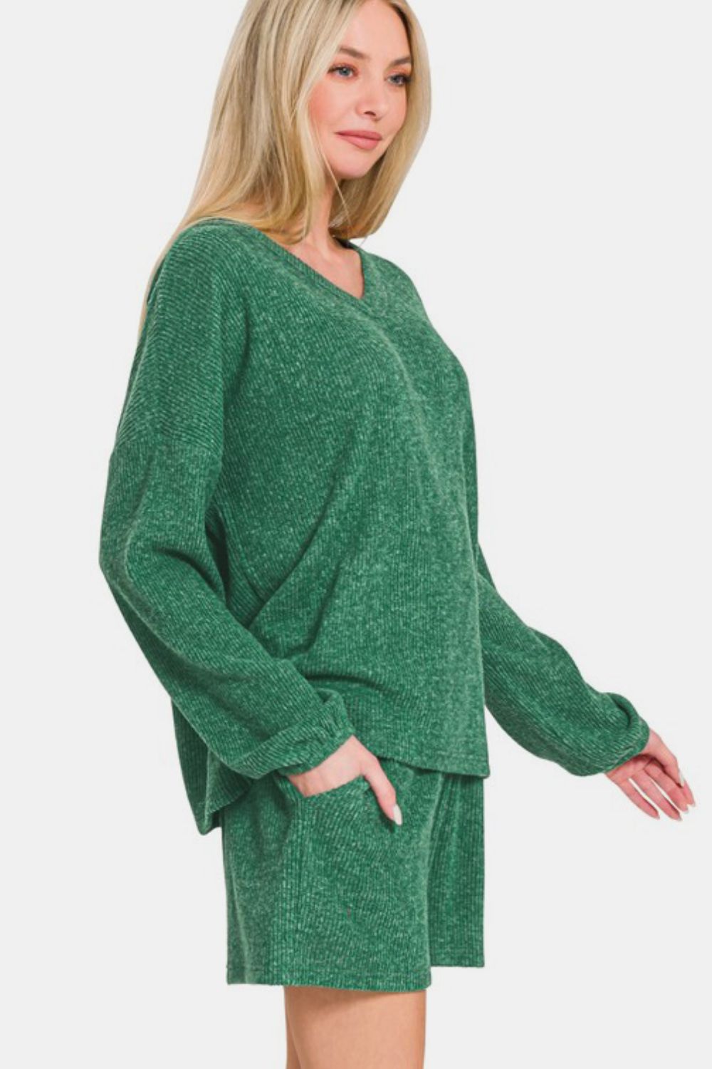 Womens Green V-Neck Long Sleeve Ribbed Top and Shorts Lounge Set