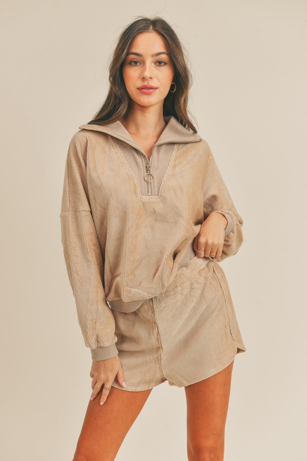 Women's Tan Corduroy Half Zip Top and Shorts Set