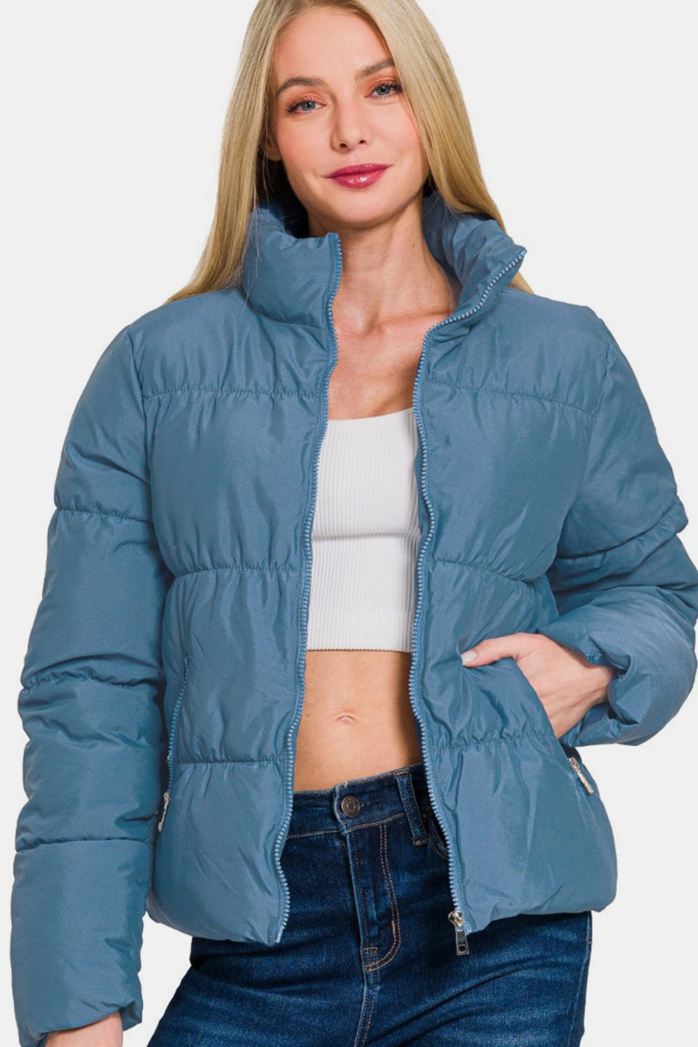 Women's Blue Zip Up Turtleneck Puffer Jacket with Pockets