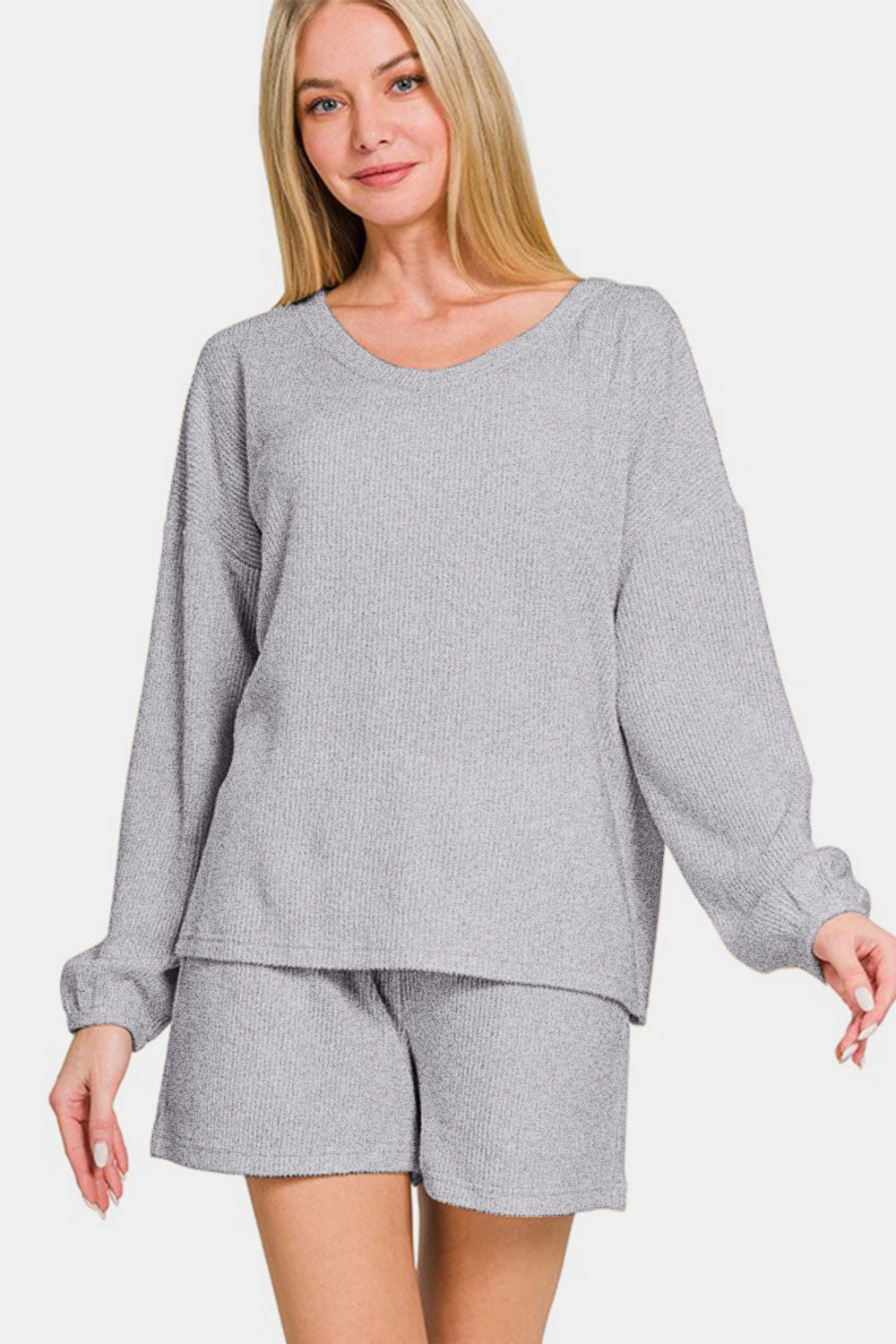 Womens Light Grey V-Neck Long Sleeve Ribbed Top and Shorts Lounge Set