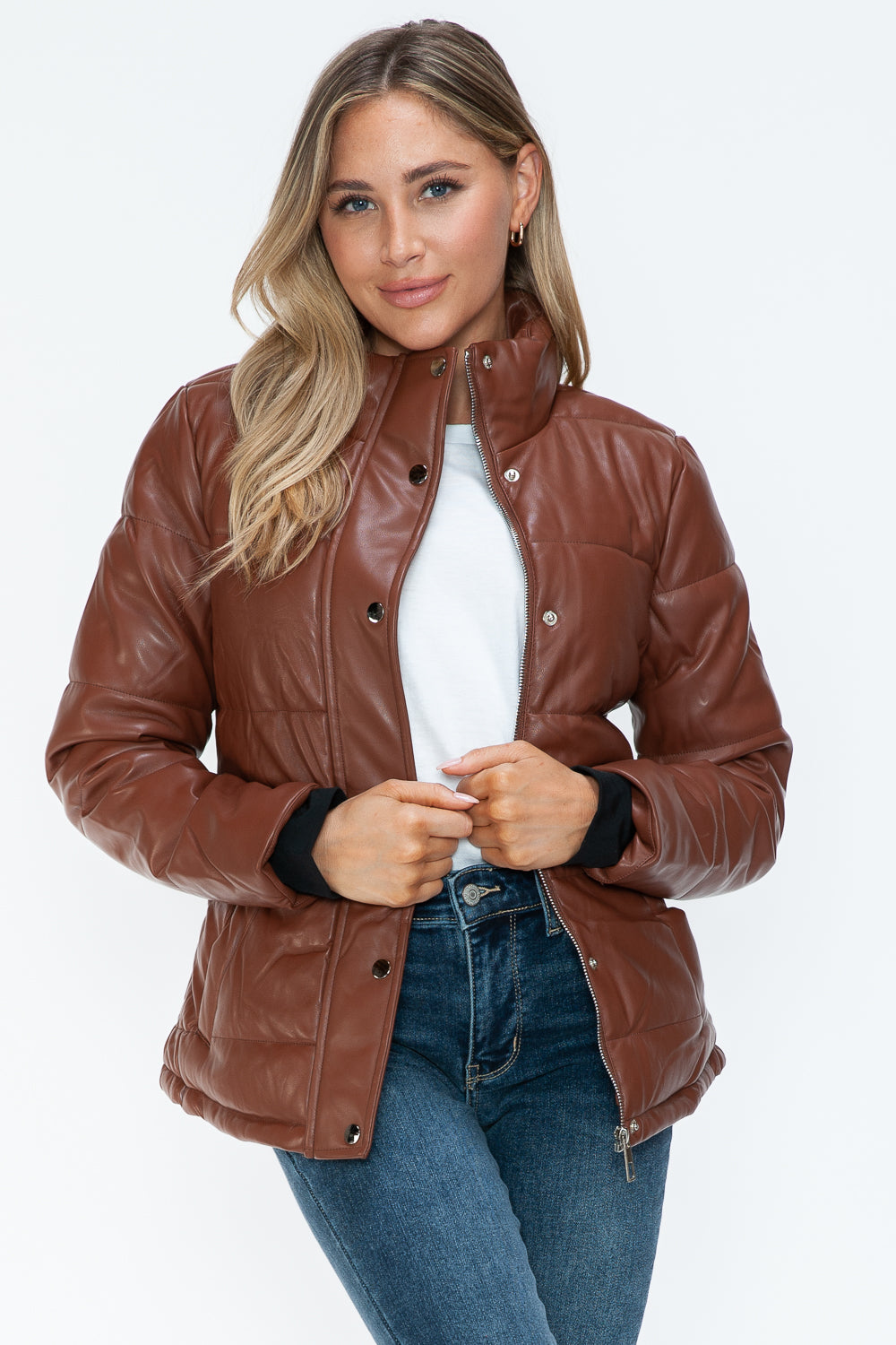 Women's Brown Pocketed Zip Up Turtleneck Puffer Jacket