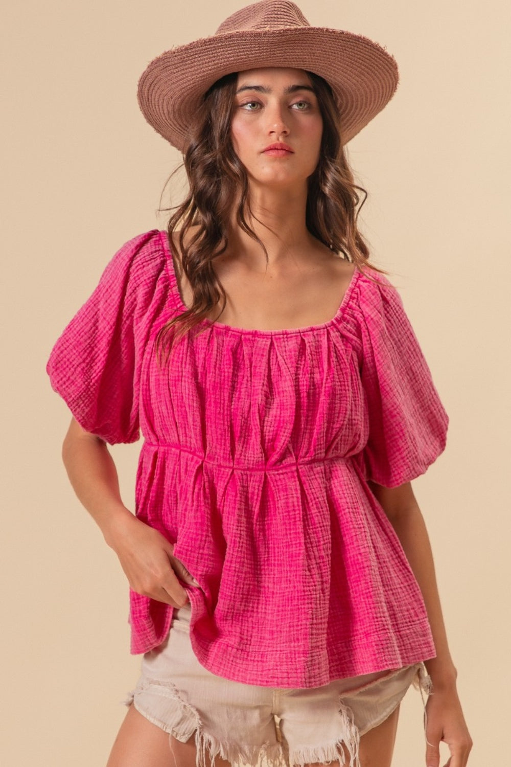 Women's Western Pink Washed Boutique Puff Sleeve Top