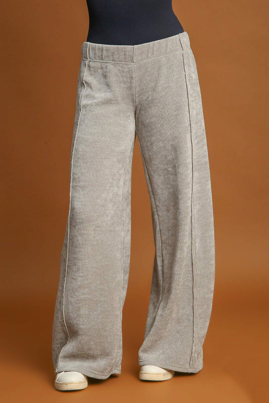 Women's Light Grey Ribbed Wide Leg Sweatpants