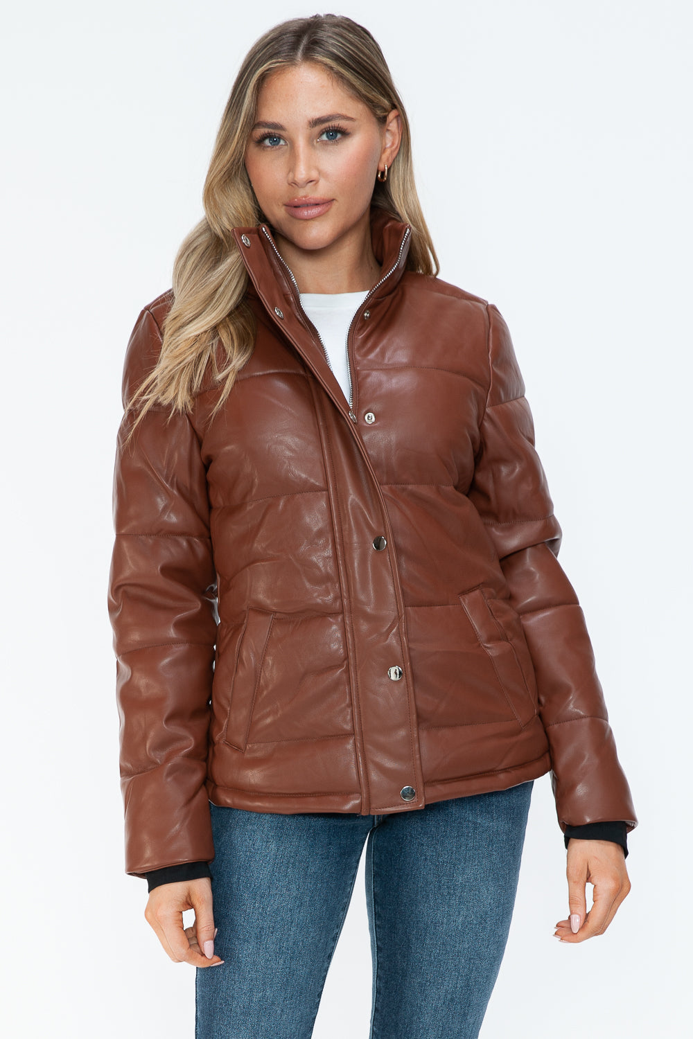 Women's Brown Pocketed Zip Up Turtleneck Puffer Jacket